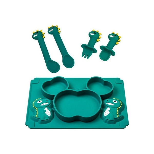 Set Plato De Silicona Dinosaurio Para Bebé Niños + Cubiertos - Baúl de Ayün