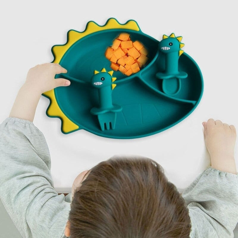 Set Plato De Silicona Dinosaurio Para Bebé Niños + Cubierto - Baúl de Ayün