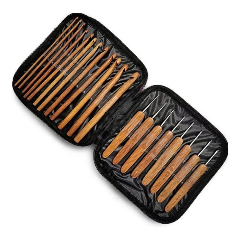 Set De 20 Palillos Crochet De Bambu Con Estuche