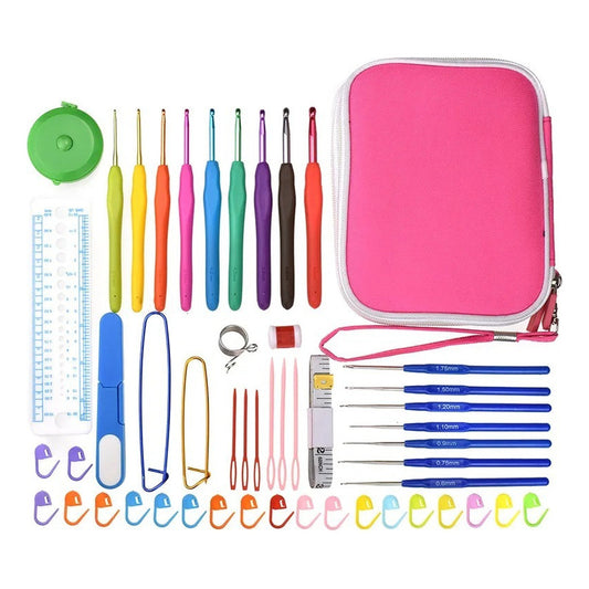 Set Completo De Crochet Con Estuche Fucsia 51 Pcs