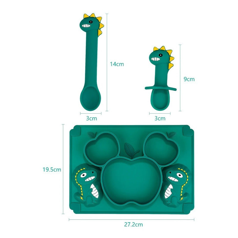 Set Plato De Silicona Dinosaurio Para Bebé Niños + Cubiertos - Baúl de Ayün