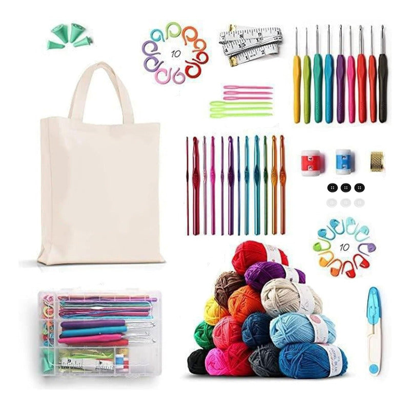 Set Completo De Crochet Accesorios Y Lanas + Tote Bag 79 Pcs