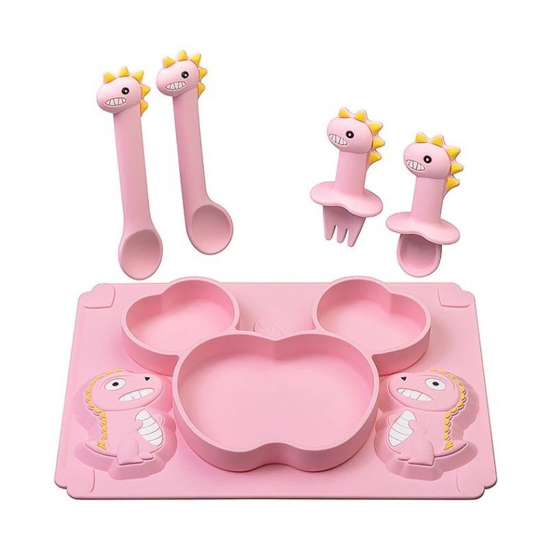 Set Plato De Silicona Dinosaurio Para Bebé Niños + Cubiertos - Baúl de Ayün