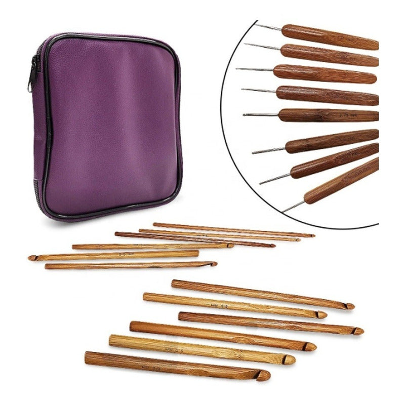 Set De 20 Palillos Crochet De Bambu Con Estuche