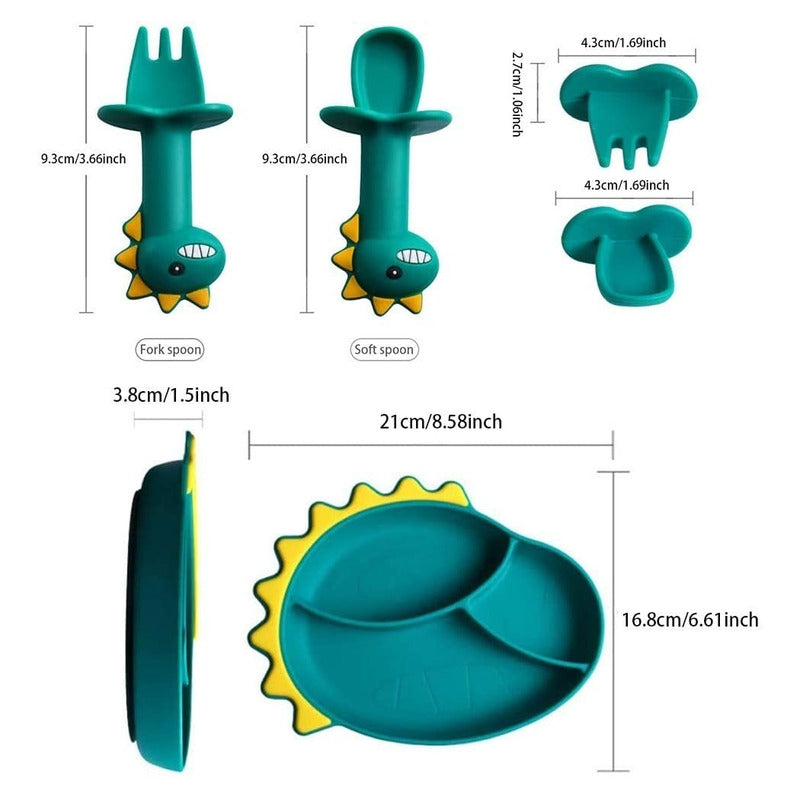 Set Plato De Silicona Dinosaurio Para Bebé Niños + Cubierto - Baúl de Ayün