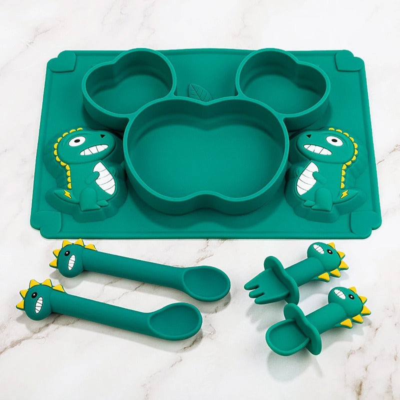 Set Plato De Silicona Dinosaurio Para Bebé Niños + Cubiertos - Baúl de Ayün