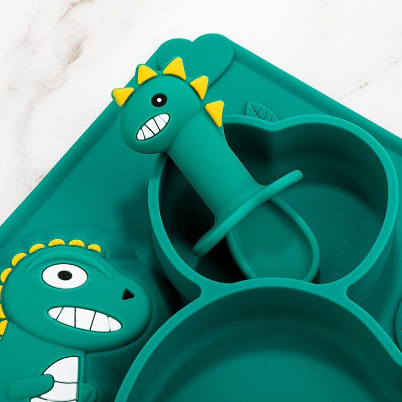 Set Plato De Silicona Dinosaurio Para Bebé Niños + Cubiertos - Baúl de Ayün