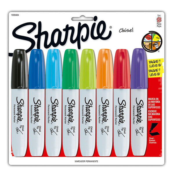 Marcadores permanente Sharpie punta biselada blíster x8 colores surtidos - Baúl de Ayün