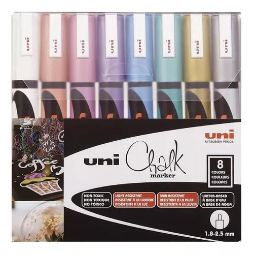 Set 8 Marcadores Tiza Uni Chalk 5M Colores metálicos